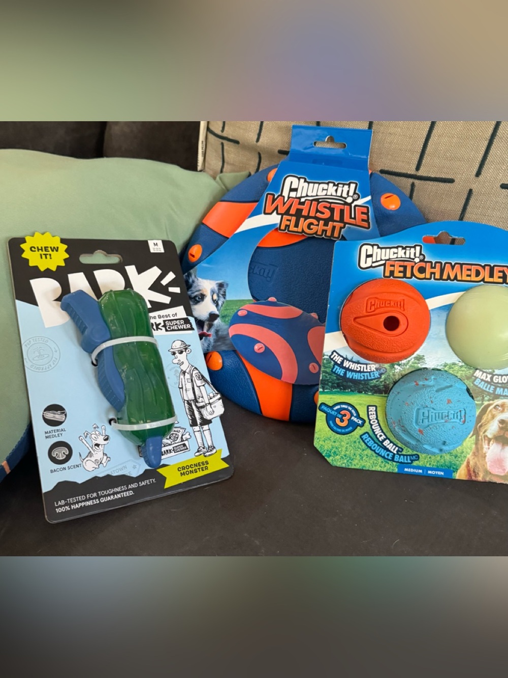 Whistle Flight Dog Toy - Blue & Orange, Chew Toy & Fetch Medley Ball Trio